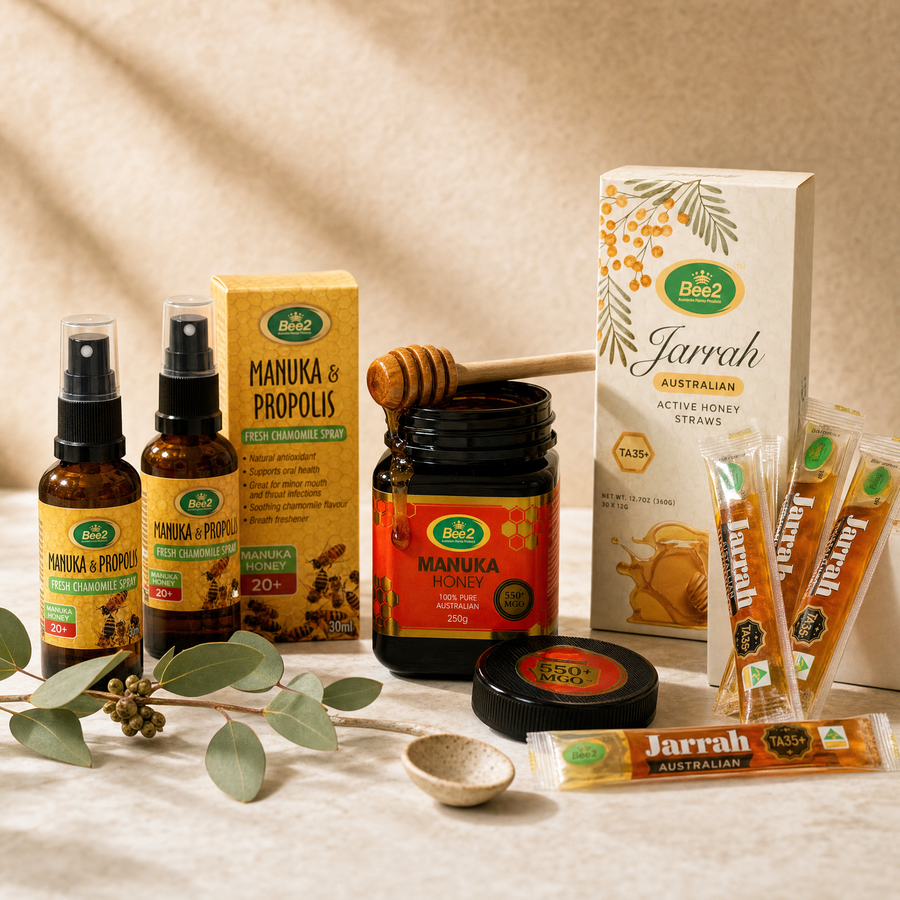 The Bee2 Winter Pack (Manuka 550 MGO + Jarrah TA 35+ + Propolis Spray)