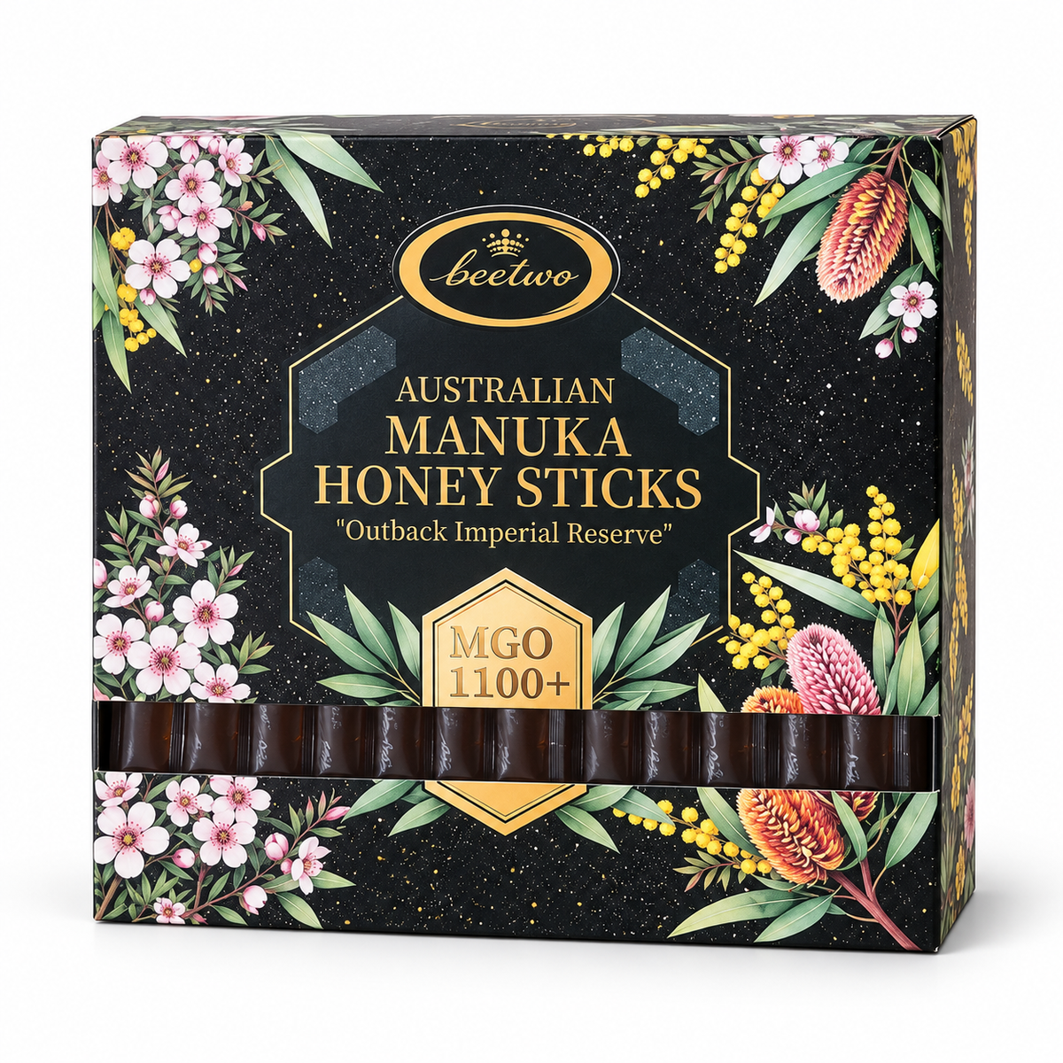 Beetwo Manuka MGO 1100+ packaging — recreated from supplied product photo